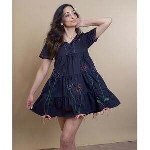 Teddy Fresh Bouquet Black Dress Women's Size XS Embroidered Bow Babydoll p2